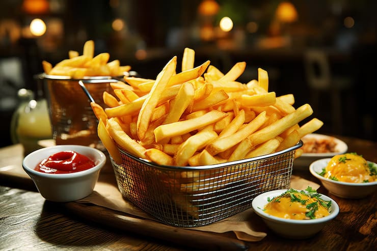 Crispy golden French fries in a wire basket